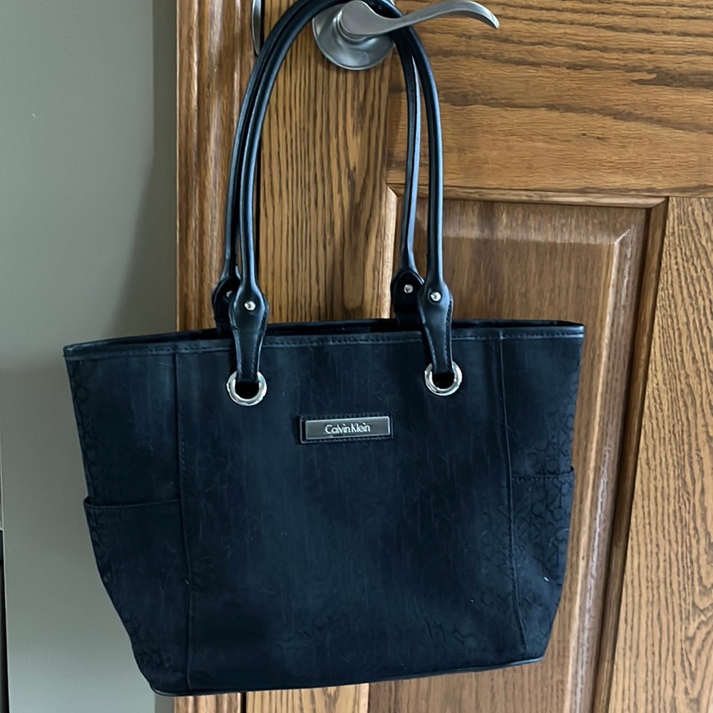 Black Calvin Klein tote with silver trim